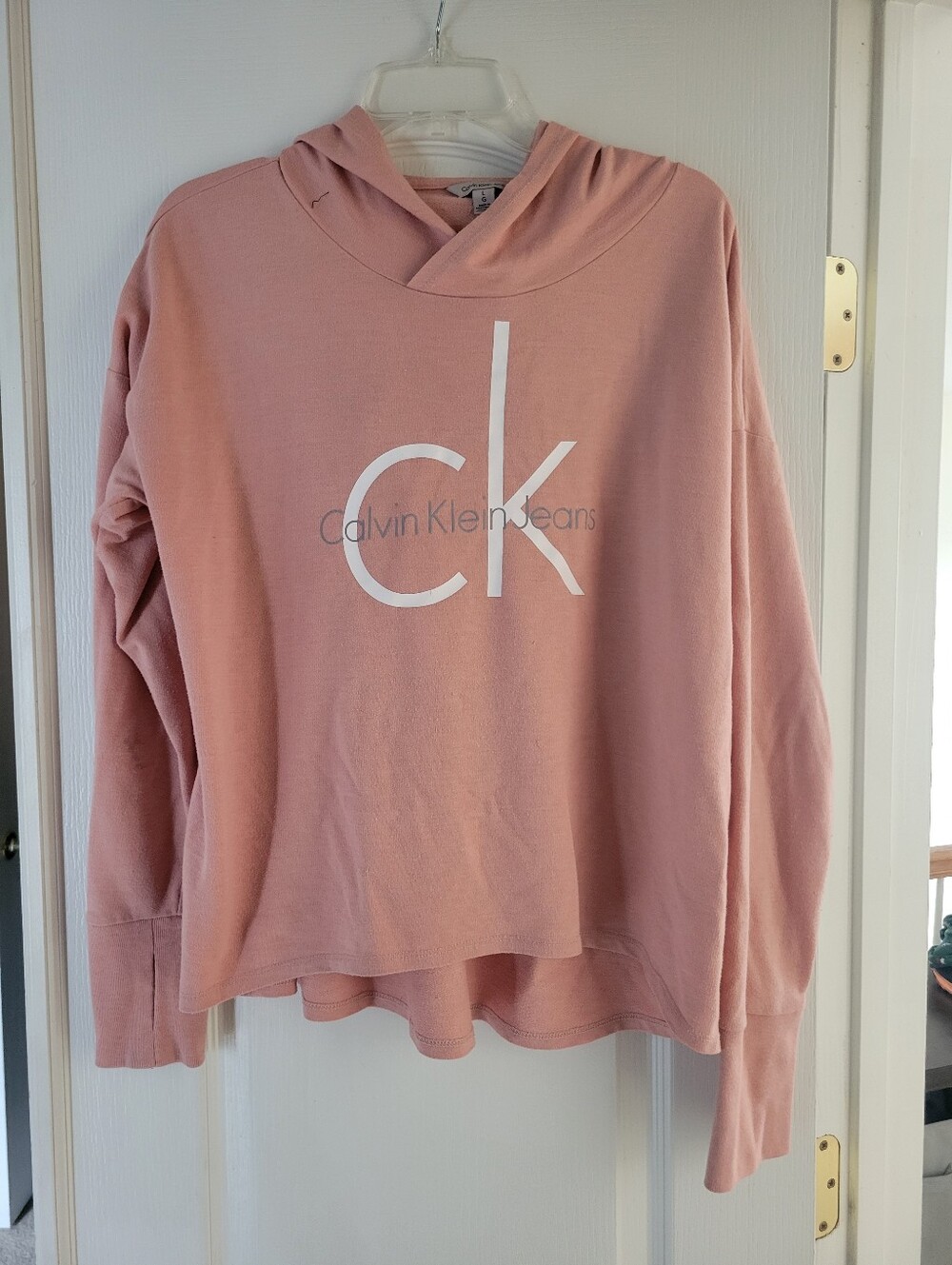 Calvin Klein Jeans Womens Size L Pink Monogram Logo Pullover Cropped Hoodie
